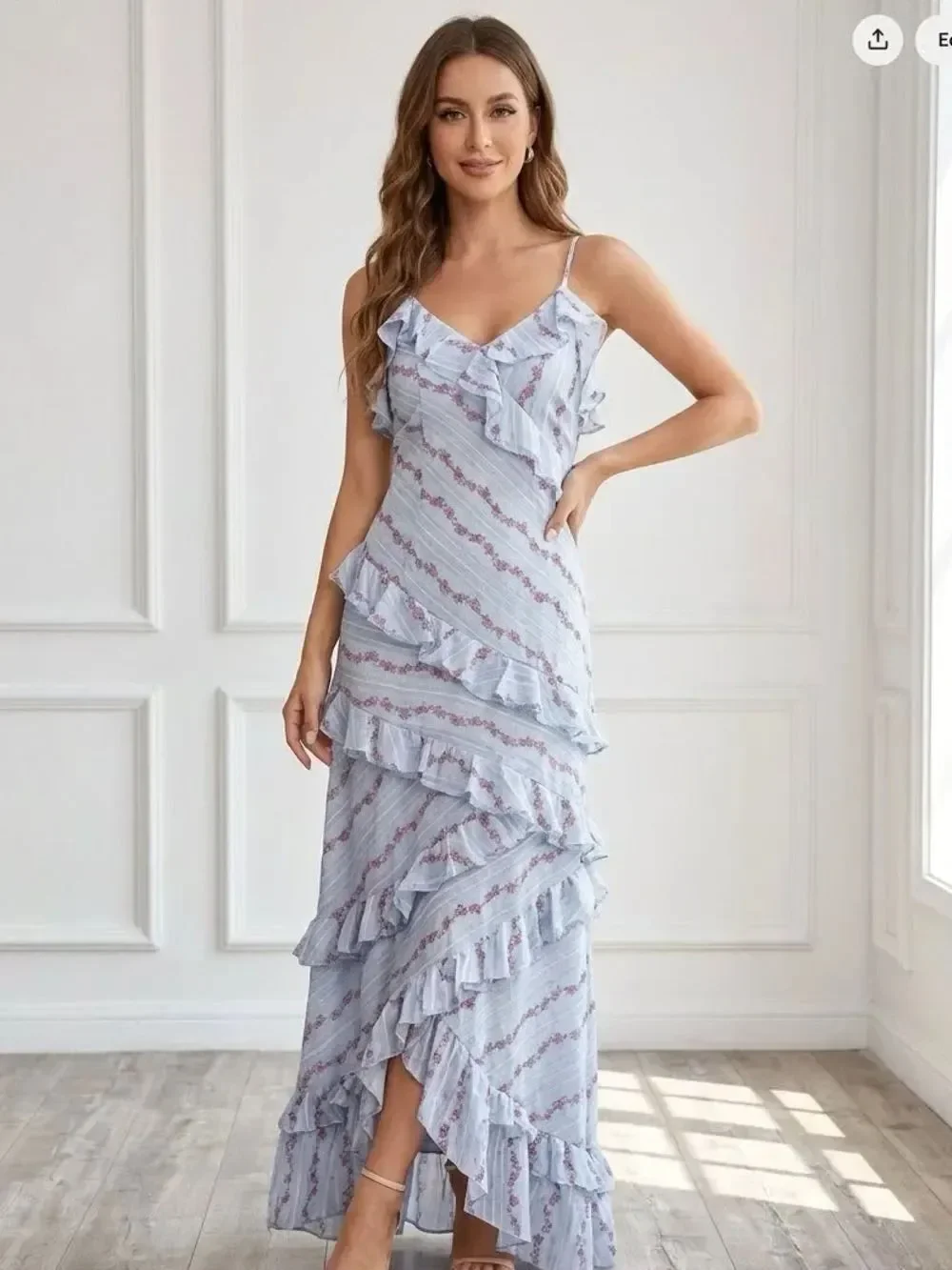 Rareraw Floral Ruffle Maxi Dress in Light Blue